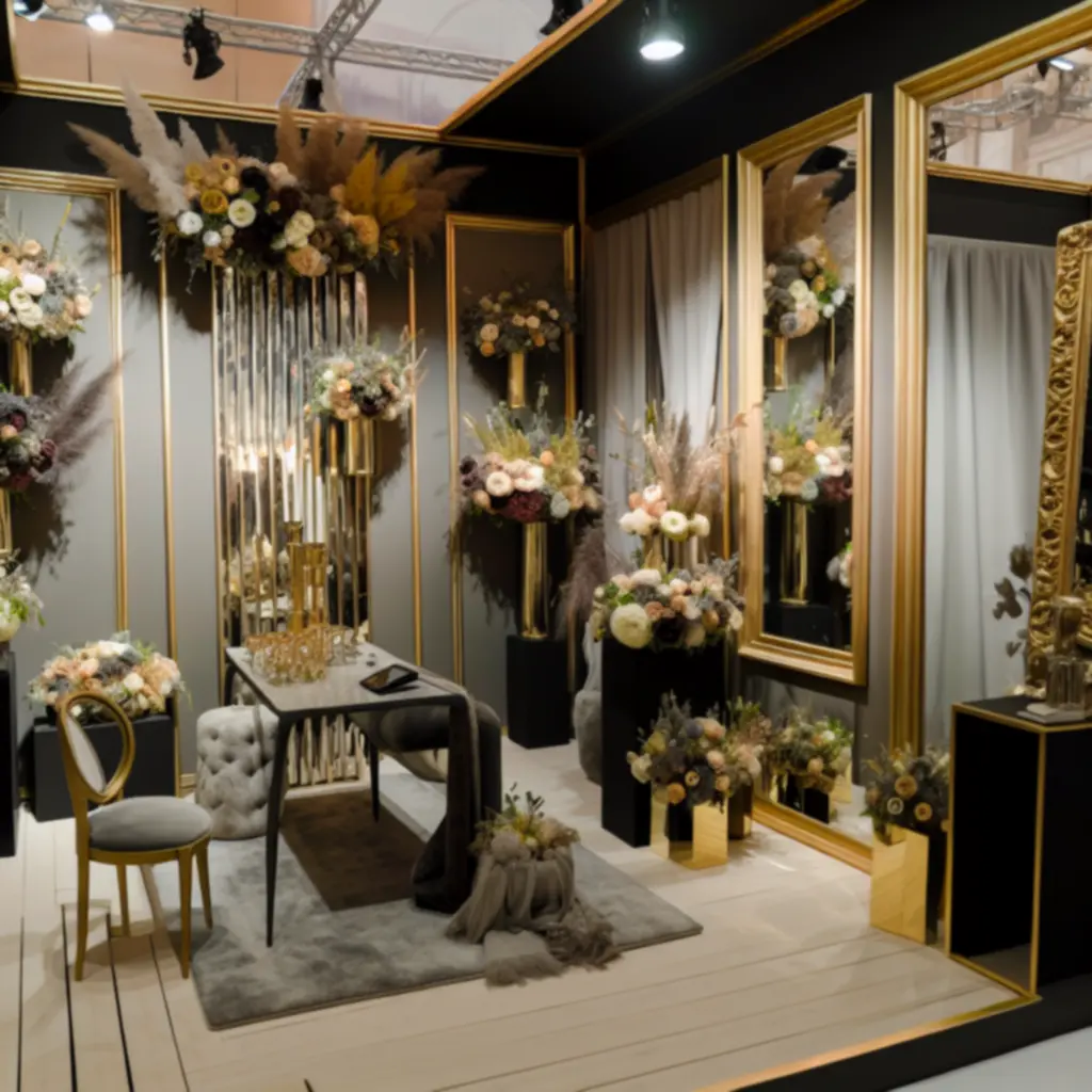 Luxus virágatelier belső tere, smaragdzöld és burgundi virágkompozíciókkal, arany fénnyel megvilágítva.