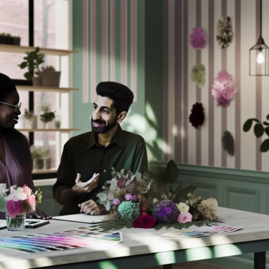 Ügyfél és virágtervező konzultálnak egy asztalnál virágminták és színpaletta felett.