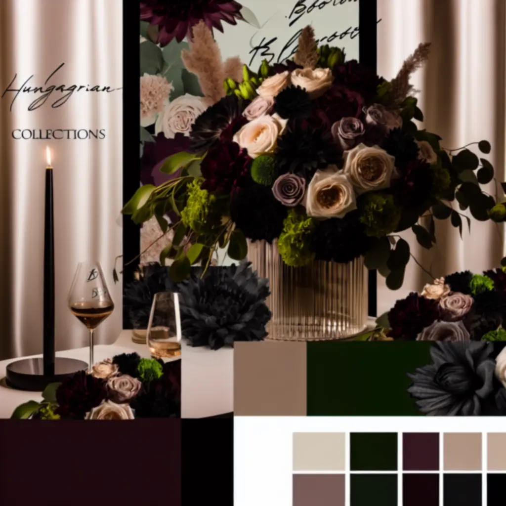 Cinematic virágkompozíció drámai fényekkel egy luxus stúdióban.