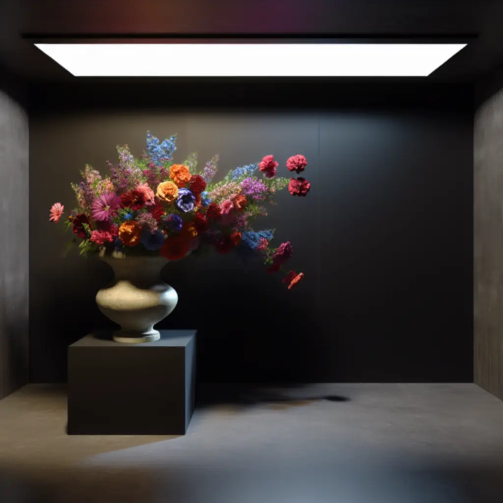 Kurátori válogatásból származó, drámai megvilágítású virágkompozíció.