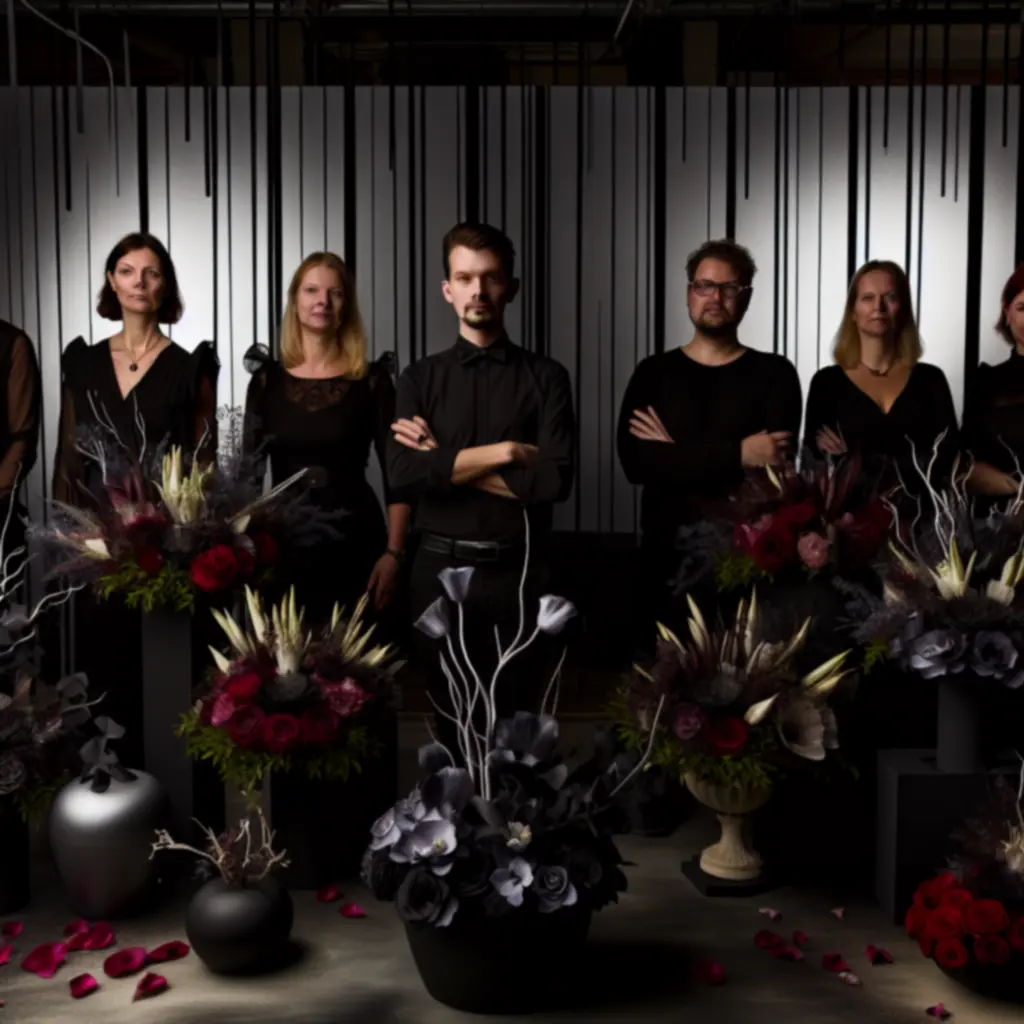 A FreshFloowers mester virágdesignereinek csoportportréja a stúdióban