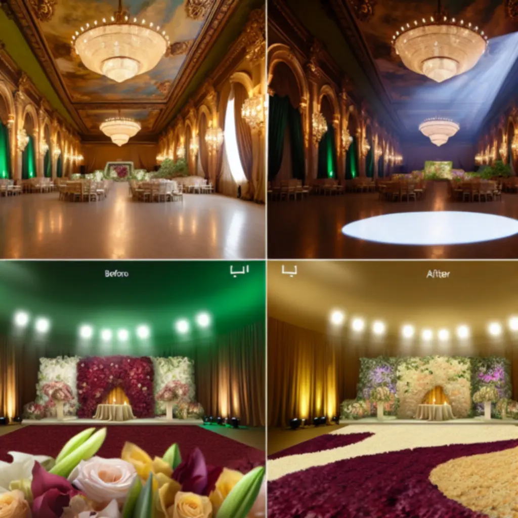 Egy elegáns rendezvény tere előtte és utána, FreshFloowers viráginstallációkkal.