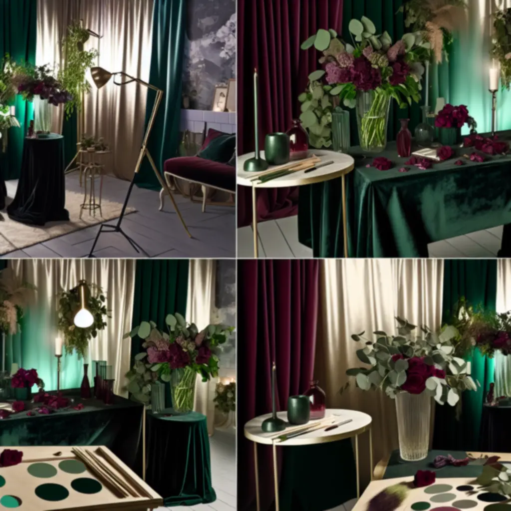 Luxus virágstúdió munkafelülete friss virágokkal és tervezői eszközökkel