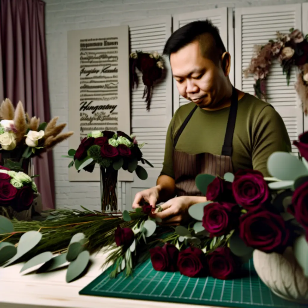 Mester virágkötő, ahogy egy drámai, filmes hangulatú virágkompozíción dolgozik.