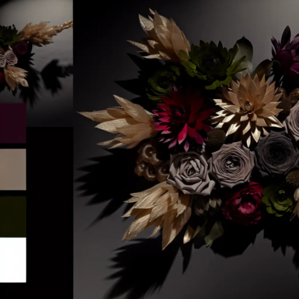 Cinematikus fényekben fotózott, luxus virágcsokor mély bordó és smaragdzöld árnyalatokkal