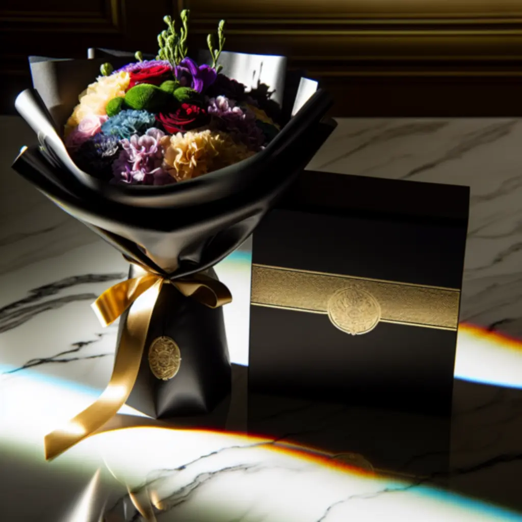 Elegáns, prémium csomagolásba helyezett virágkompozíció.