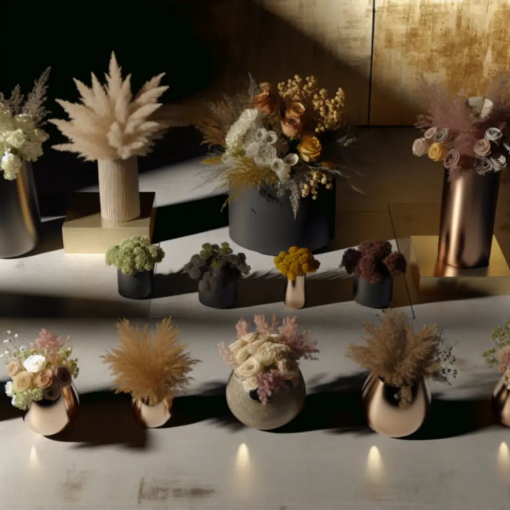 Szezonális virágkollekció drámai fényekkel, mély bordó és smaragdzöld árnyalatokkal.