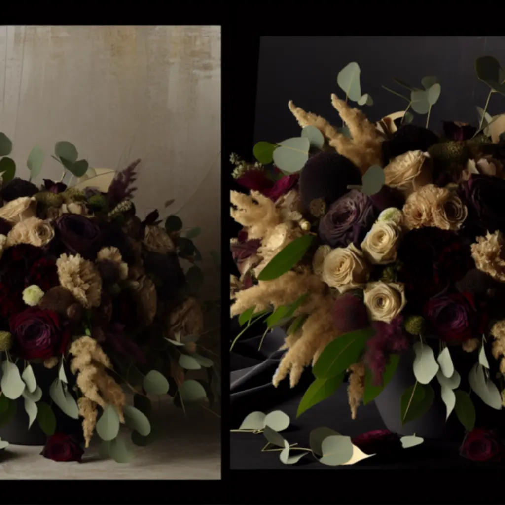 Mély burgundi és smaragdzöld tónusú luxus virágcsokor cinematikus megvilágításban